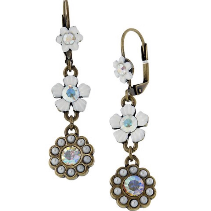 Antiqued Gold White Flower With Aurora Borealis Crystal Earring, Nwt-Boutique